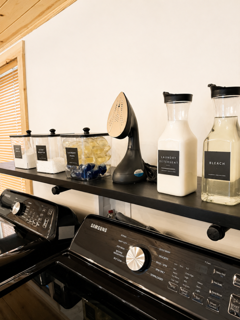 Laundry room shelf with iron and supplies