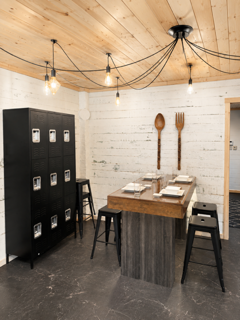 Dining area — wooden ceiling fixtures