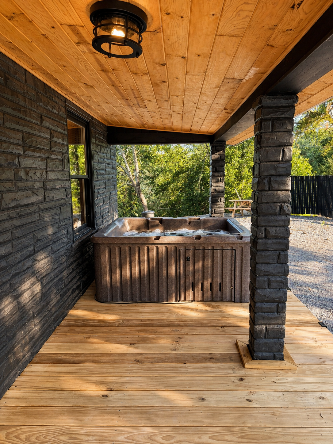 Covered patio with hot tub and forest view