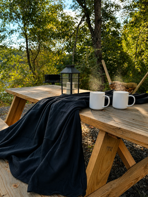 Outdoor picnic table with coffee mugs