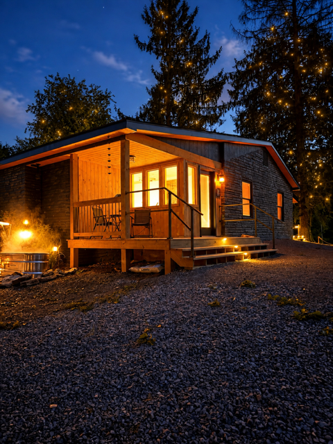 Backyard patio with glowing fireflies at night