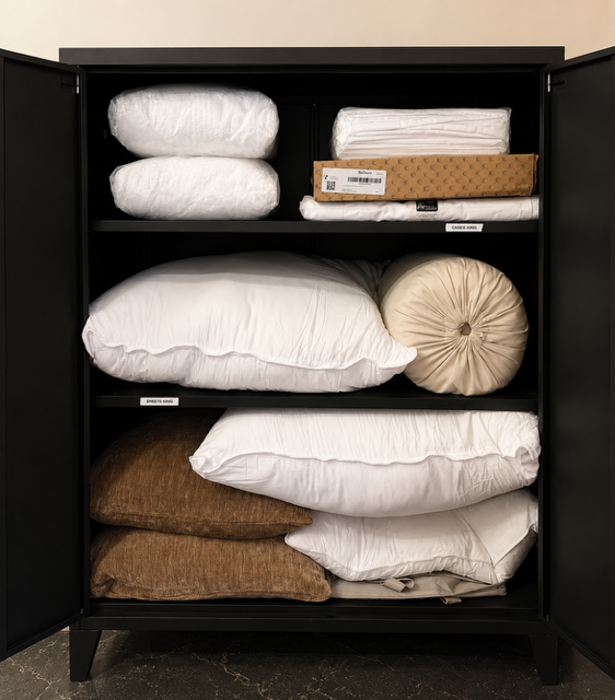 Organized linen closet with pillows and bedding