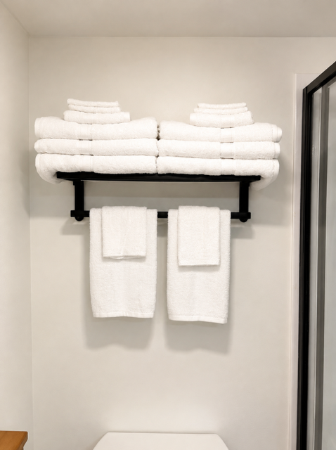 Bathroom — stacked white towels on black shelf